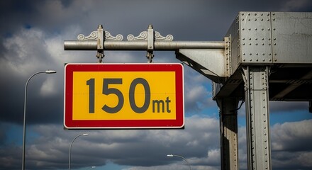 Road Sign Indicating Distance Of 150 Meters Suspended With Dramatic Sky Backdrop