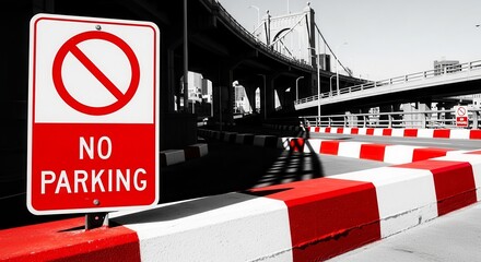Prohibition Sign With a Bridge Backdrop Indicating No Parking in Restricted Zones