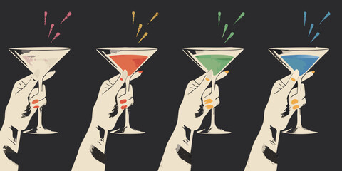 Hands holding colorful martini glasses in a row for celebration and party