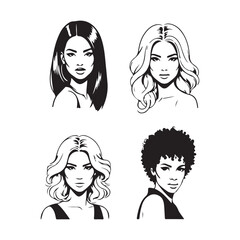 Set of four diverse woman portrait outline drawing