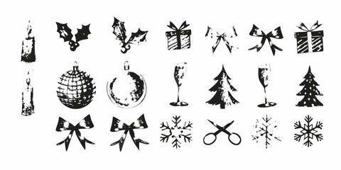 Hand drawn christmas and new year vector icons set in black