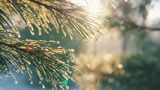 Close-up of pine needles with glistening water droplets, shimmering in soft natural light.