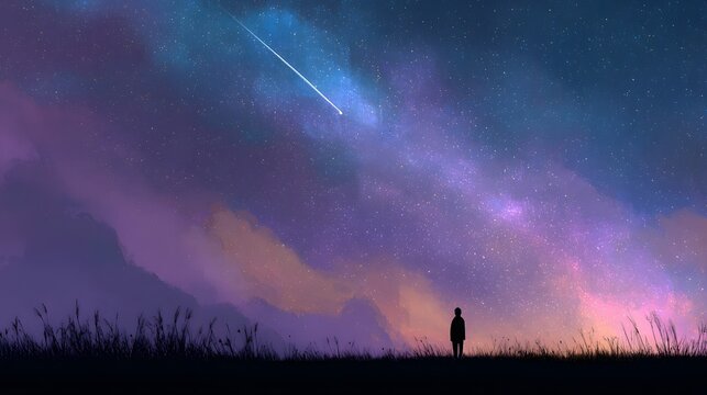 Silhouette of person standing on hill looking at shooting star in a dramatic night sky