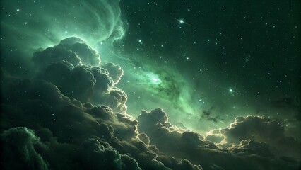 A vivid scene showcasing a nebula with swirling green gas and dust, speckled with distant