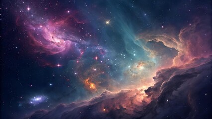 A mesmerizing view of a nebula with swirling clouds of dust and gas, speckled with shining stars in a colorful