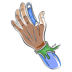 Hand emerging from water with green foliage accent in illustration  