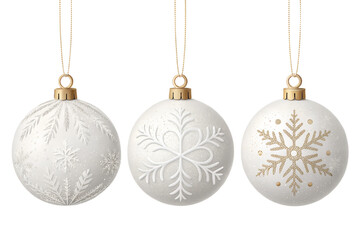 A collection of soft white Christmas ornaments with frosted texture and subtle snowy details. These minimalist 3D baubles are isolated on transparent background and ideal for clean winter designs, Sca