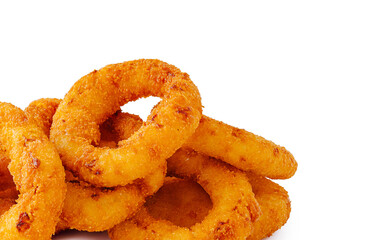 Crispy onion rings piled on a white background ready to eat