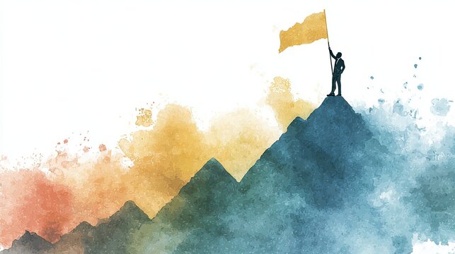 A silhouetted figure stands triumphantly on a mountain peak, waving a flag against a backdrop of colorful, abstract watercolor landscapes.