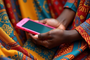 African Hand Embracing Colorful Phone Among Traditional African Fabrics and Textures