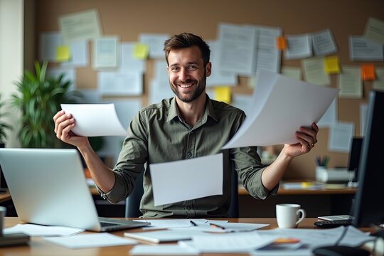 Multitasking Man in a Chaotic Office Environment, Determined and Focused - Powered by Adobe