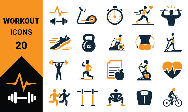 Comprehensive collection of diverse workout and fitness activity icons representing healthy lifestyle choices and exercise routines for digital and print media