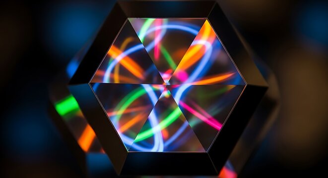 Abstract light trails inside geometric prism structure with colorful effects