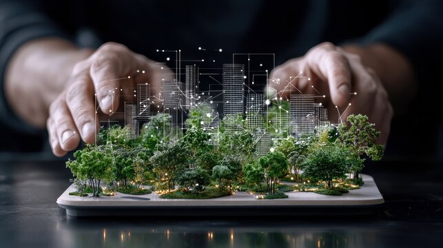 A person's hands hover over a detailed miniature model of a city, complete with lush trees and modern buildings, overlaid with a digital network. - Powered by Adobe
