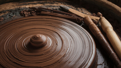 Artistic Spiral Pattern of Wet Clay on Spinning Wheel, Wabi-Sabi Texture and Earthy Tone Background