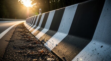 Roadside Guardrail: Ascending Stripes Near Road's Edge At Sunset With Sunlight Illuminating Scenery
