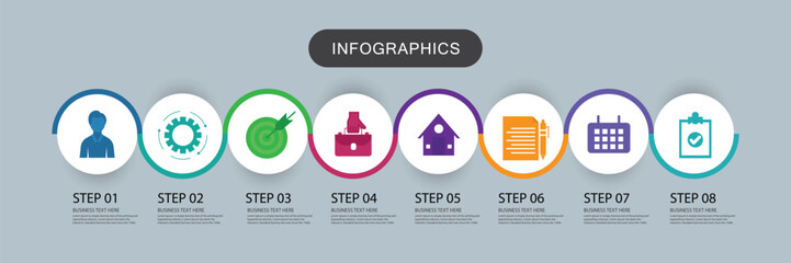 Business Timeline infographic design template with 8 options