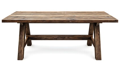 Fototapeta premium Rustic wooden table with weathered planks and rough legs on a white background