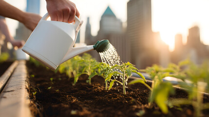 Nourishing Life: A close-up view captures the nurturing act of a person tending to small green plants within a rooftop garden, the gentle stream of water feeding the potential.