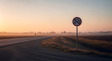 Roadside Sign Against A Scenic Landscape At Sunrise Showing The End of Speed Restriction