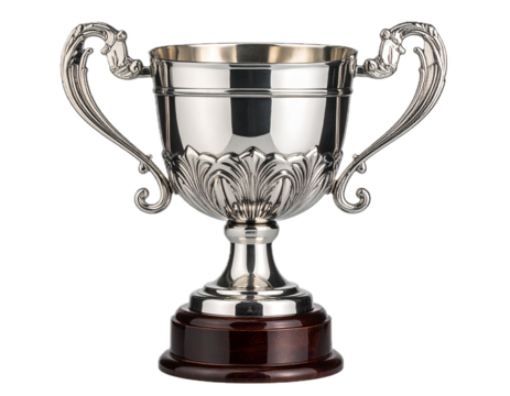 Elegant silver trophy cup isolated PNG, vintage style award for sports or achievement on transparent background