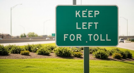Roadside Sign Indicating Keep Left for Toll Road, With Green Sign and Highway Background