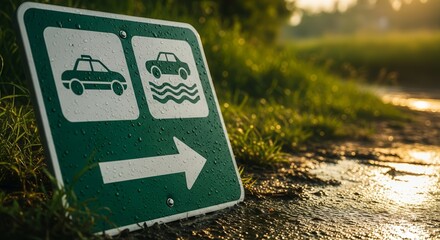 Roadside Sign Indicating Parking and Car Wash Service in a Natural Environment