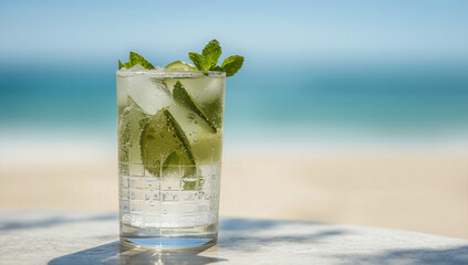 Refreshing Iced Herbal Drink with Mint and Lime on Beach Table, Summer Vacation and Songkran Festival Travel Concept