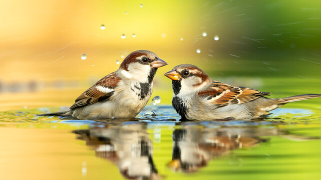 A close-up photograph of two house sparrows taking a bath in shallow water.
