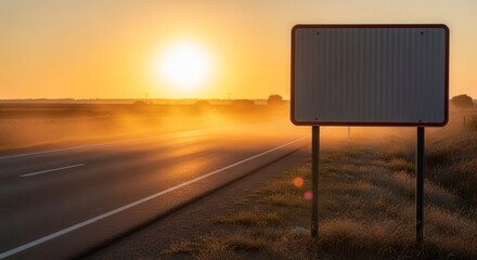 Roadside Sign Silhouetted Against a Golden Sunset, Empty, Ready to Display