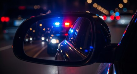Blurry cop car lights reflect in side mirror chase scene at night capturing urgency and tension