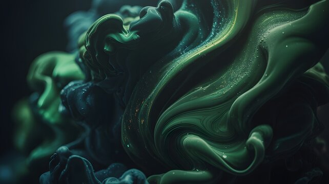 Abstract green and blue ink cloud in water creates a swirling effect