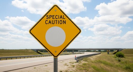 Roadside Sign With Special Caution Message, Emphasizing Traffic Warnings on Sunny Day