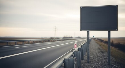 Roadside Signboard with Empty Space Stands Beside an Asphalt Highway under Overcast Skies
