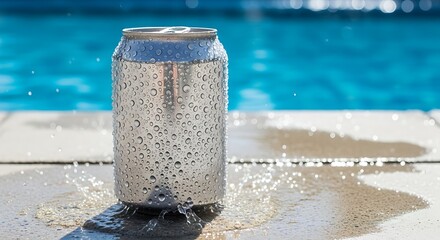 Refreshing Cold Aluminum Can Dripping Water on Poolside Pavement with Sparkling Blue Swimming Pool Background