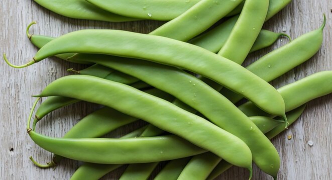 Pile of fresh green beans on a wooden surface. - Powered by Adobe