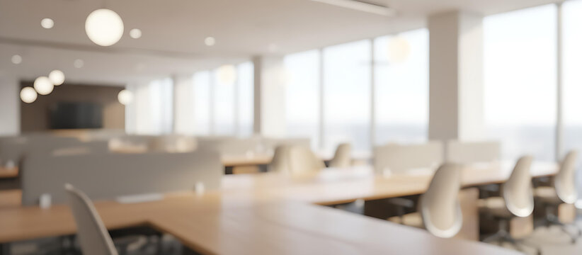 Bright and spacious office space in an unfocused view. Modern blurred background photo for banner, poster or magazine and website background. High quality
