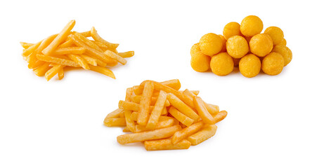 Various styles of fried potato snacks on a clean surface