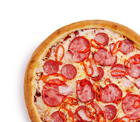 Delicious pepperoni pizza topped with red chili slices ready to serve