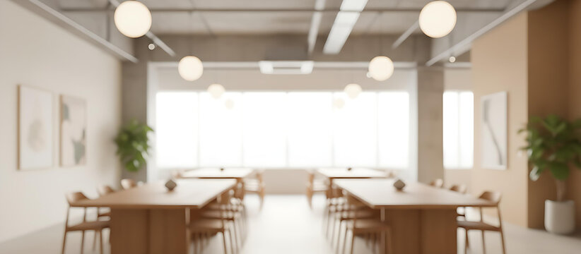 Bright and spacious office space in an unfocused view. Modern blurred background photo for banner, poster or magazine and website background. High quality