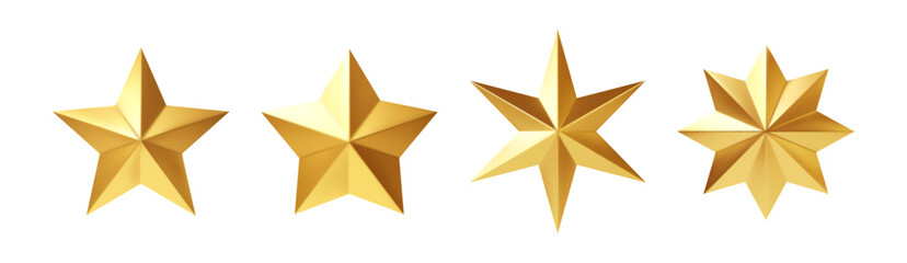 Golden Five Point Star Set in Varying Angles for Celebration and Award Visuals