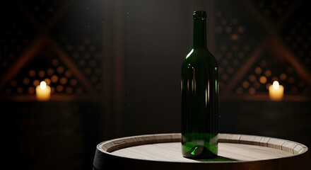 Green Glass Bottle on Wooden Barrel in Atmospheric Wine Cellar