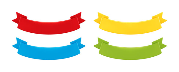 Four curved ribbon banners in red yellow blue and green, clean minimal design for branding and celebration, vector illustration background