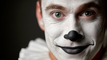 Portrait of a mime-style clown with white face paint, black nose and lips, looking directly into the camera with expressive eyes.