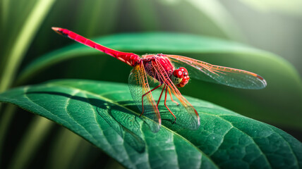 A macro photograph of a vibrant red dragonfly perched on a large green leaf.