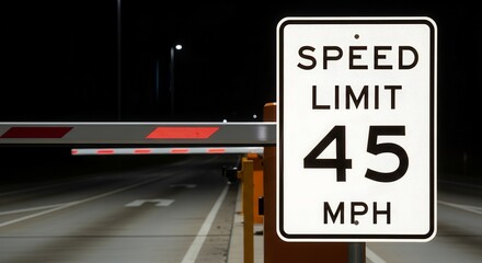 Roadway Barrier And Speed Limit Sign Emphasize Safety Regulations And Traffic Flow Control