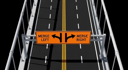 Roadway Junction Sign Directing Drivers: Merge Left, Merge Right, Choose The Correct Lane