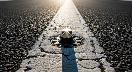 Roadway Marker Focal Point With Sunlight, Symbolizing Direction And Progress In Motion
