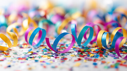 Colorful confetti and curled party streamers scattered across a festive surface.