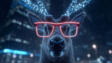 Futuristic reindeer with glowing antlers and neon glasses stands in a rainy night cityscape.